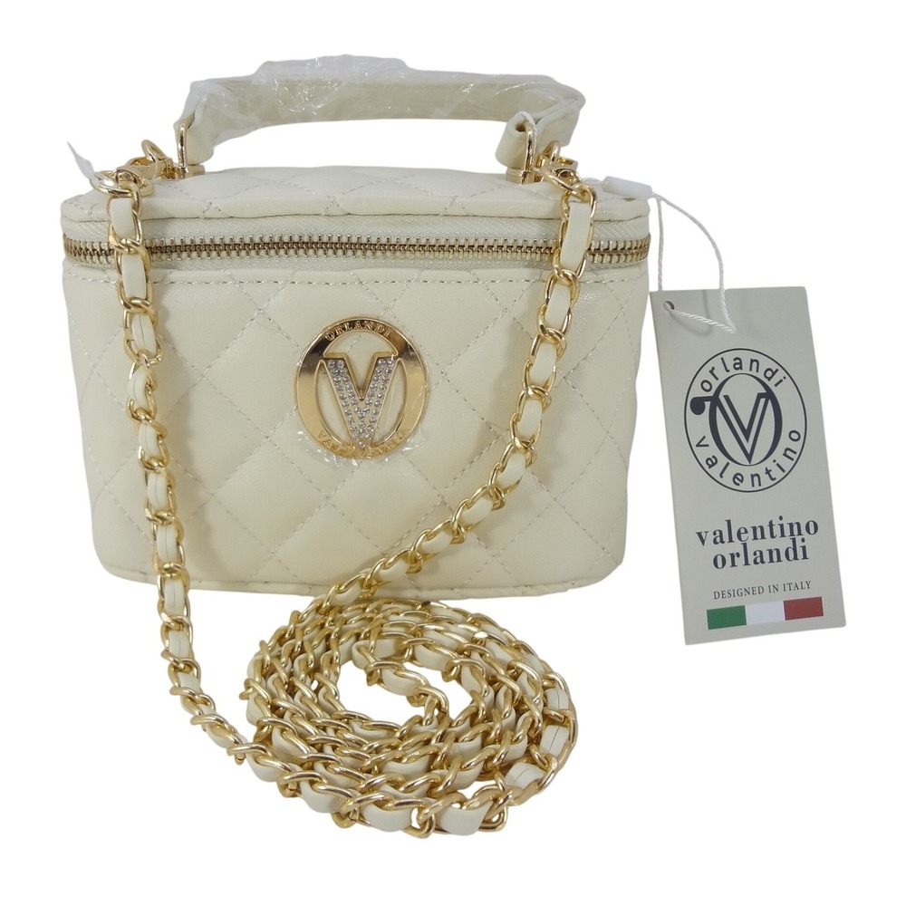 Valentino Orlandi Vanity Bag White NEW Quilted Crystal Logo V-3022D